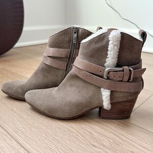 Belle Sigerson Morrison Laica Suede Shearling Fur Buckle Boot Taupe Brown 6.5